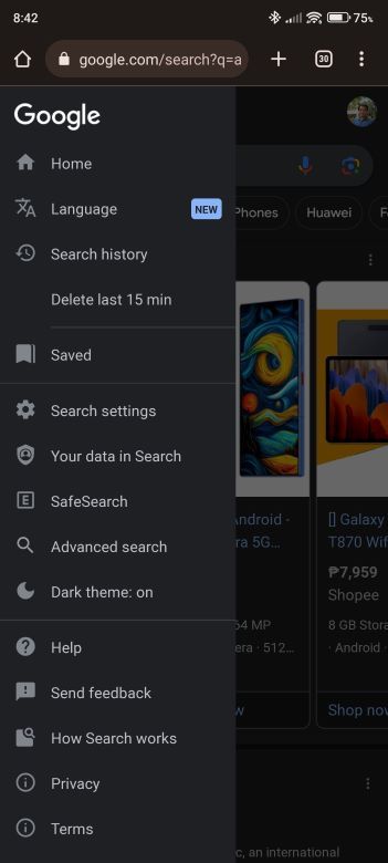 Google Search settings menu on the mobile web