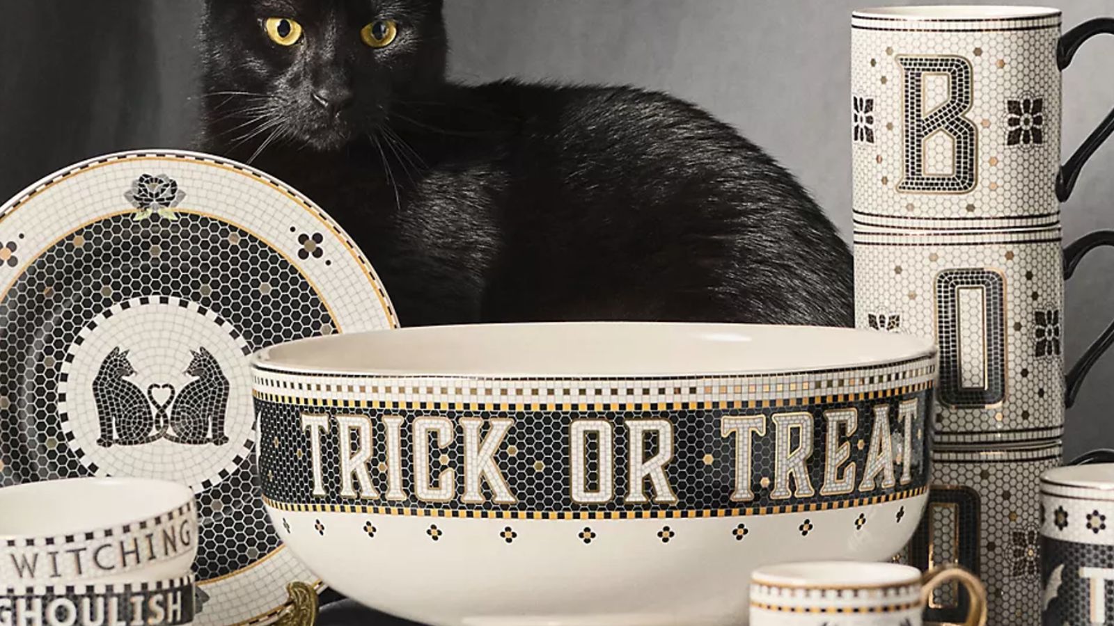 Anthropologie Halloween bistro tile collection with black cat 