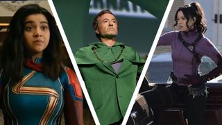 A collage of Iman Vellani's Kamala Khan in Marvels, Robert Downey Jr as Doctor Doom at Comic Con 2024, and Hailee Steinfeld's Kate Bishop in Hawkeye