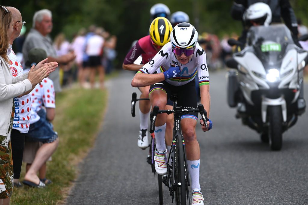 RODEZ FRANCE JULY 26 LR Demi Vollering of The Netherlands Pink UCI Womens WorldTour Leader Jersey and Team SD Worx Protime and Annemiek Van Vleuten of The Netherlands and Movistar Team compete in the chase group during the 2nd Tour de France Femmes 2023 Stage 4 a 1771km stage from Cahors to Rodez 572m UCIWWT on July 26 2023 in Rodez France Photo by Tim de WaeleGetty Images