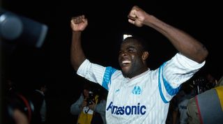 Basile Boli celebrates after Marseille's 6-1 win over Lech Poznan in the European Cup in November 1990.