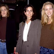 American actress and producer, Jennifer Aniston, American actress, director, and producer, Courteney Cox and American actress, comedian, writer, and producer, Lisa Kudrow of the television comedy, Friend's pose for a portrait during an NBC Press Tour Party on January 9, 1995 in Los Angeles, California.