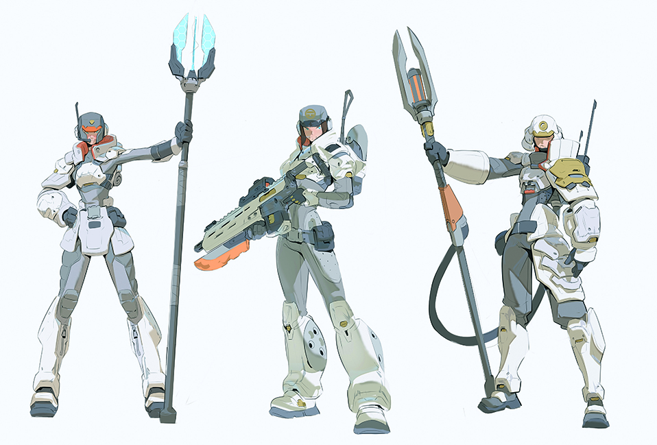 A drawing of a sci-fi character in different poses