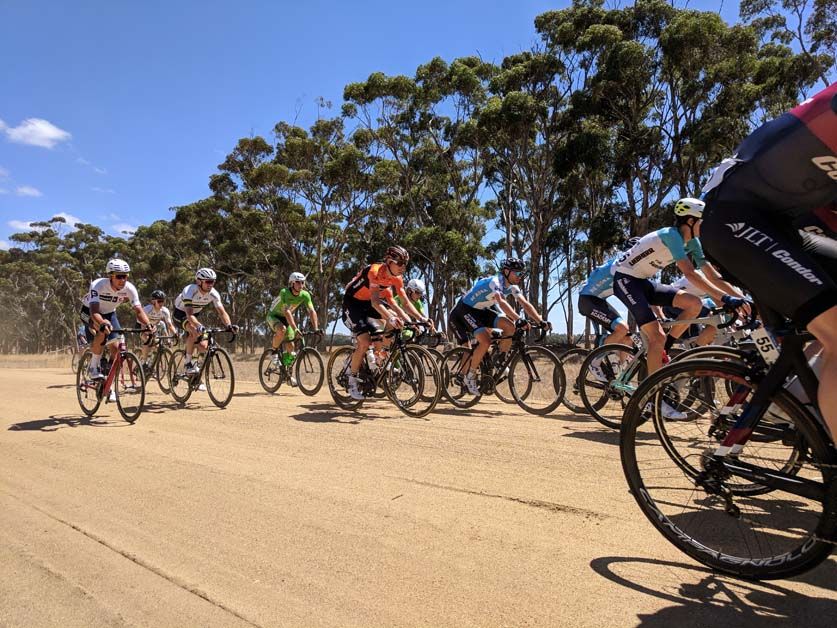 The peloton makes its way through