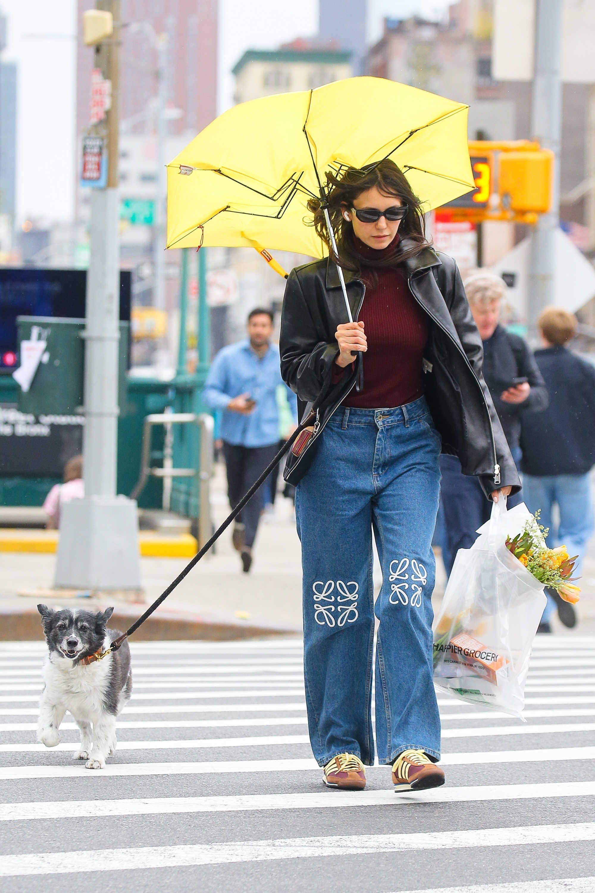 Nina Dobrev wore a jeans outfit with adidas sneakers on april 4