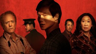 The cast of The Sympathizer against a red background - Robert Downey Jr, Duy Nguyen, Hoa Xuande, Fred Nguyen Khan and Sandra Oh