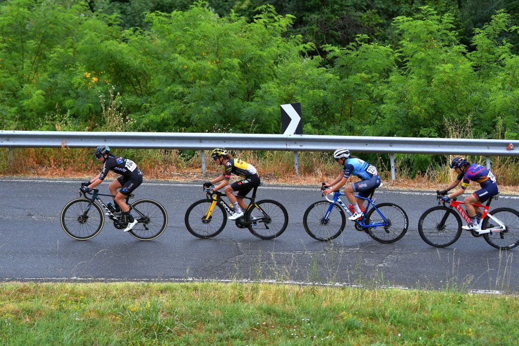 OVADA ITALY JULY 04 Marianne Vos of Netherlands and Jumbo Visma Team Liane Lippert of Germany and Team DSM Lucinda Brand of Netherlands and Team Trek Segafredo Elise Chabbey of Switzerland and Canyon SRAM Racing Team in breakaway during the 32nd Giro dItalia Internazionale Femminile 2021 Stage 3 a 135km stage from Casale Monferrato to Ovada GiroDonne UCIWWT on July 04 2021 in Ovada Italy Photo by Luc ClaessenGetty Images