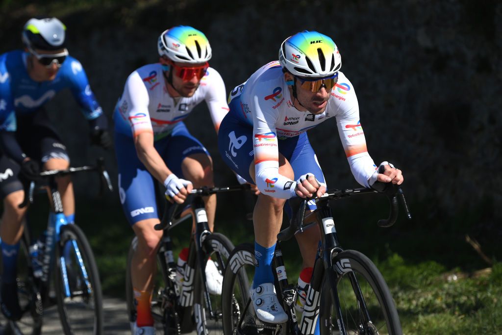 SISTERONFRANCE MARCH 07 Pierre Latour of France and Team TotalEnergies leads the breakaway during the 82nd Paris Nice 2024 Stage 5 a 1935km stage from SaintSauveurdeMontagut to Sisteron UCIWT on March 07 2024 in Sisteron France Photo by Alex BroadwayGetty Images
