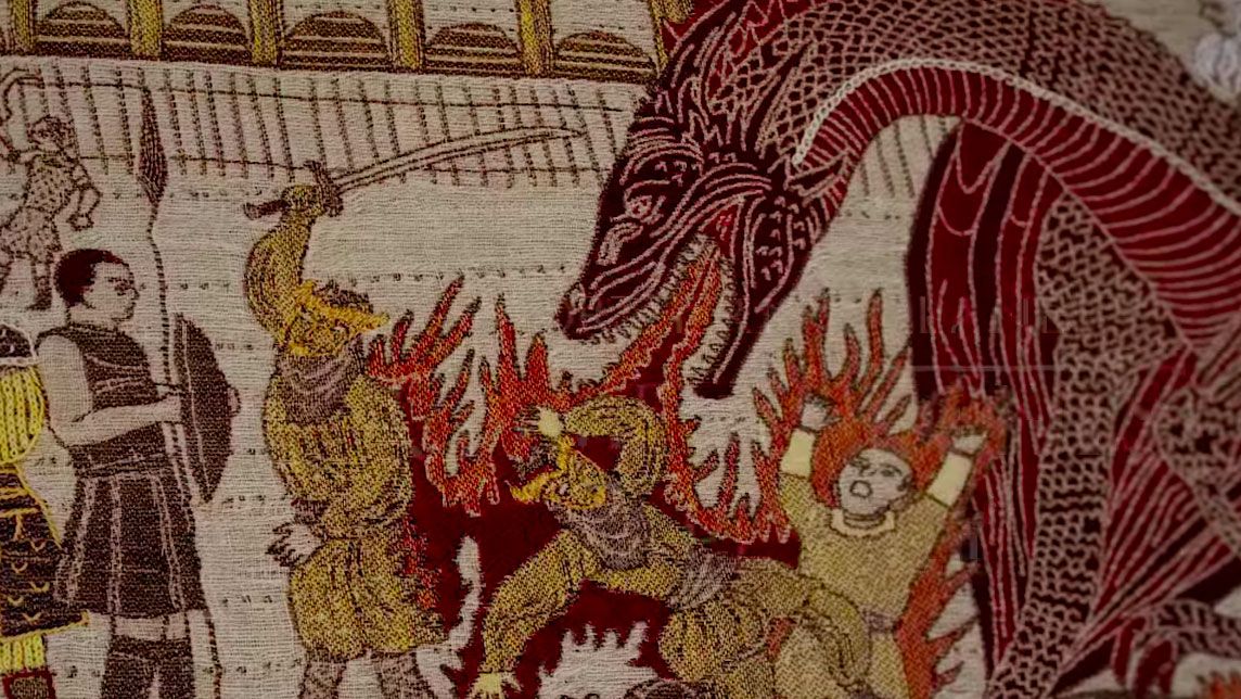 Dragon immolating peasants