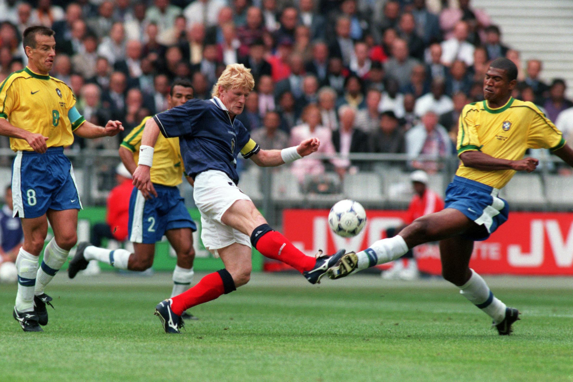 Scotland captain Colin Hendry playing against Brazil at the 1998 World Cup