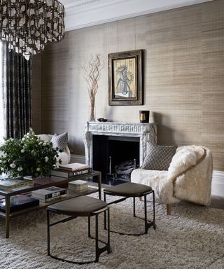 Living room with textural wallpaper