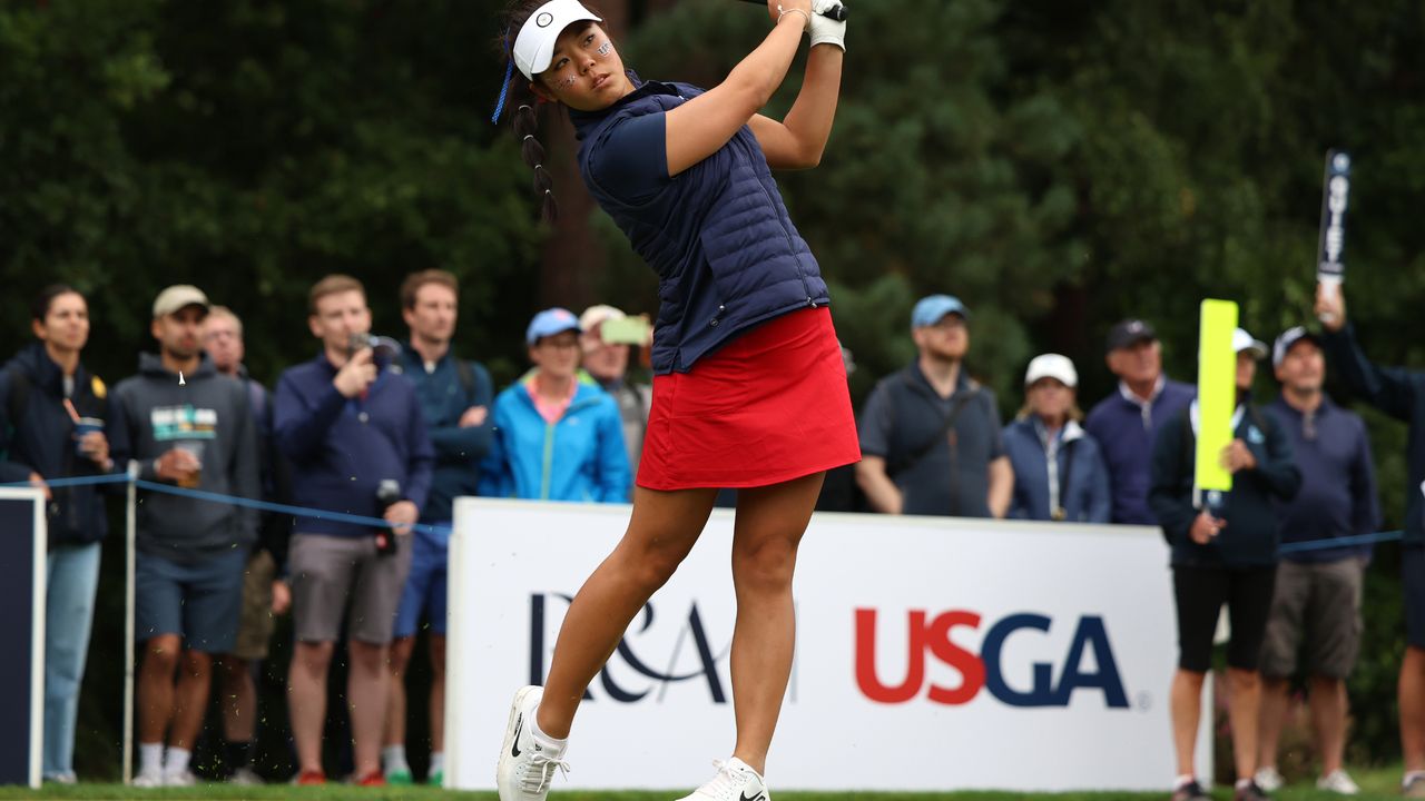 Jasmine Koo takes a tee shot in the Curtis Cup at Sunningdale