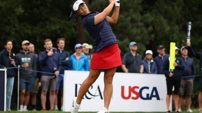 Jasmine Koo takes a tee shot in the Curtis Cup at Sunningdale