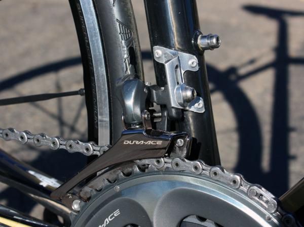 The front derailleur mount has plenty of adjustment range to accommodate both compact and standard cranksets