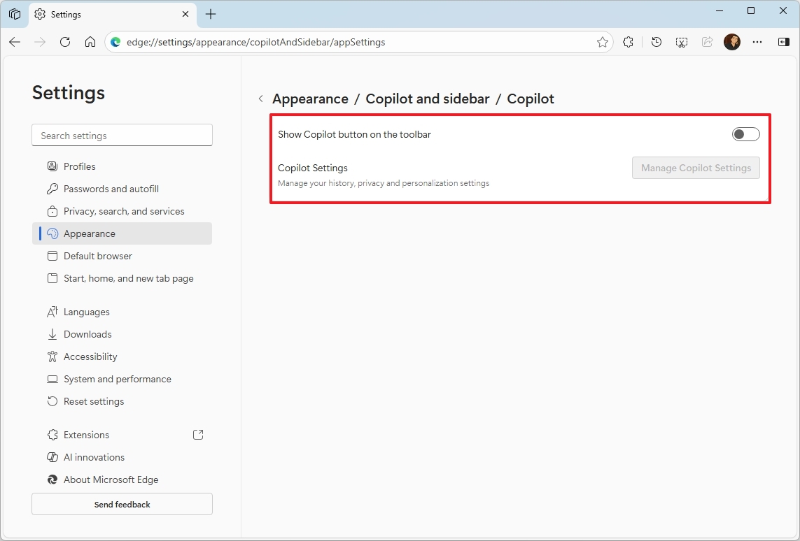 Microsoft Edge disable Copilot