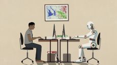 Human male office worker sitting at a desk working on computer while AI robot works on computer on other side of desk.