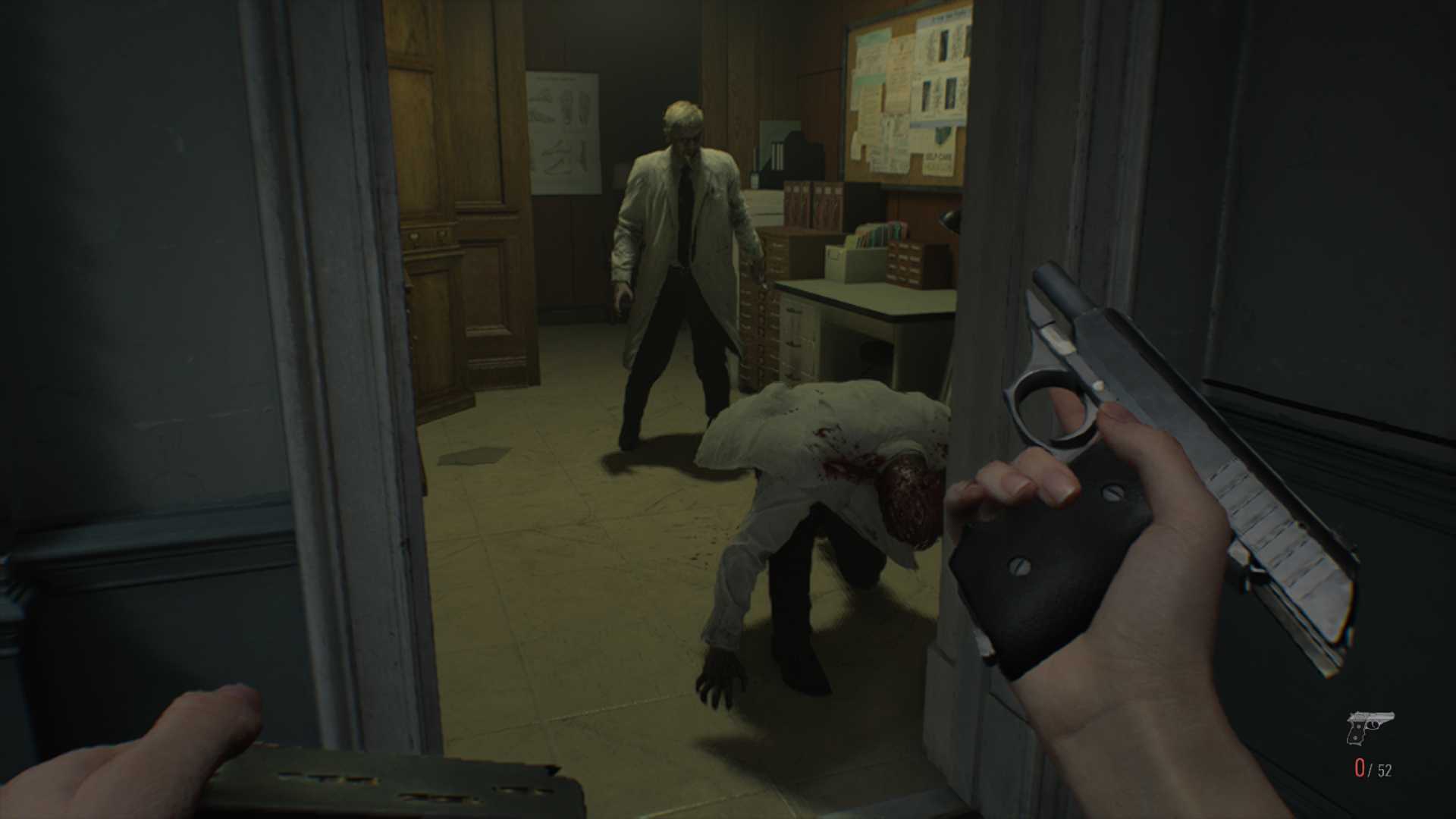 A Resident Evil Requiem screenshot captured on Nintendo Switch 2 in handheld mode showing two zombies stumbling towards the protagonist Grace.
