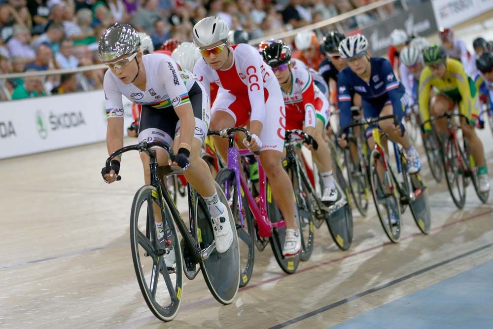 World champion Annette Edmondson of Australia leads the field in the women's omnium