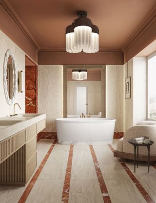 wellness bathroom with stone floor and neutral color scheme