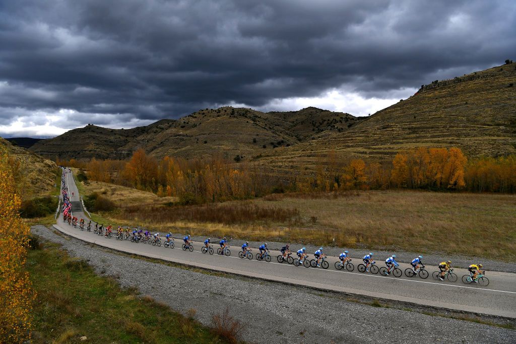 VINUESA SPAIN OCTOBER 22 Peloton Autumn Mountains Landscape during the 75th Tour of Spain 2020 Stage 3 a 1661km stage from Lodosa to La Laguna Negra Vinuesa 1735m lavuelta LaVuelta20 La Vuelta on October 22 2020 in Vinuesa Spain Photo by Justin SetterfieldGetty Images