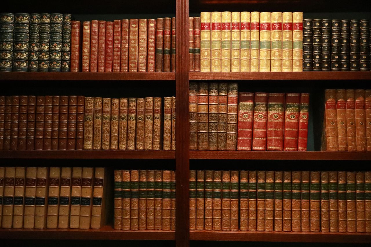 bookcase full of old leather-bound books