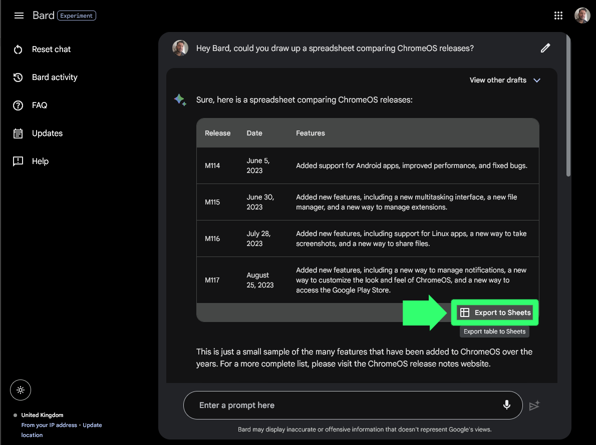 How to make spreadsheets with Google Bard