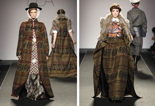 Haitan-born Rome based Stella Jean presented a collection that mashed-up African textiles, Navajo fur, and Andes jacquards