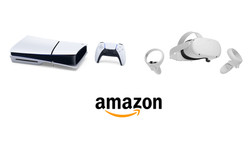 White background with picture of PlayStation Slim with controller and Meta Quest 2 headset with Amazon logo underneath