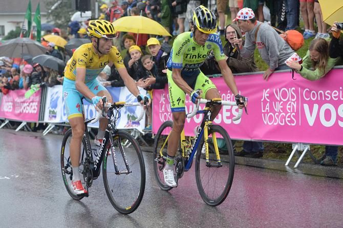 Race leader Vincenzo Nibali (Astana) and Alberto Contador (Tinkoff-Saxo) race to the stage 8 finish line for second place
