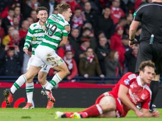 James Forrest celebrates scoring in the Scottish League Cup final