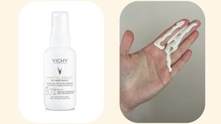 Images showing Vichy Capital Soleil UV-Age Daily SPF 50+ and swatches