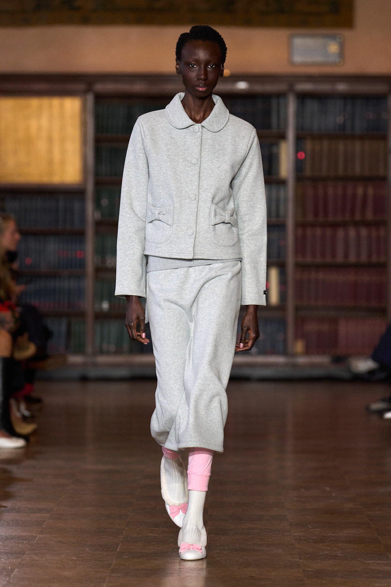 models walk the Sandy Liang Fall 2026 fashion show runway wearing slipper shoes 