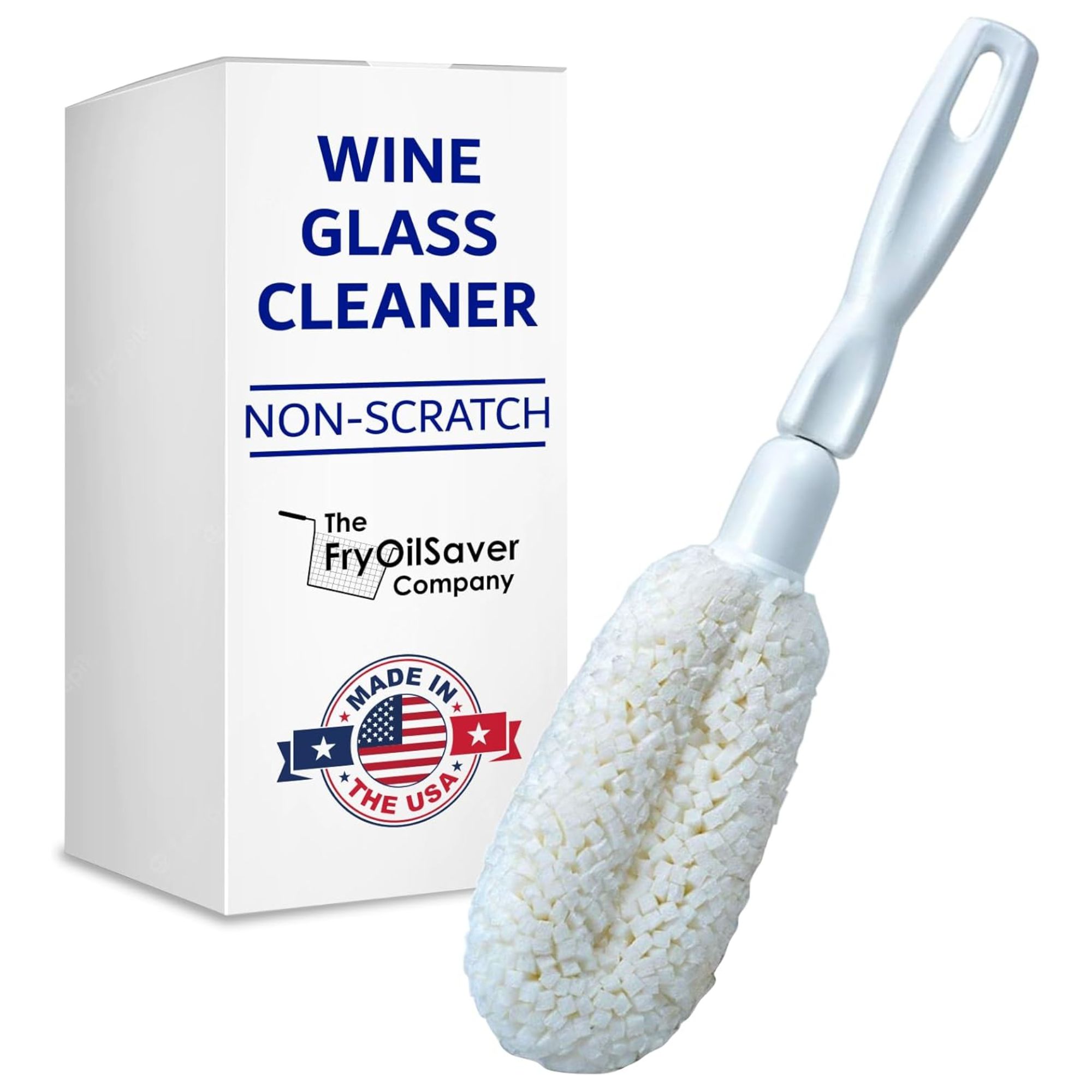 A white wine glass cleaner with a white cardboard packaging box