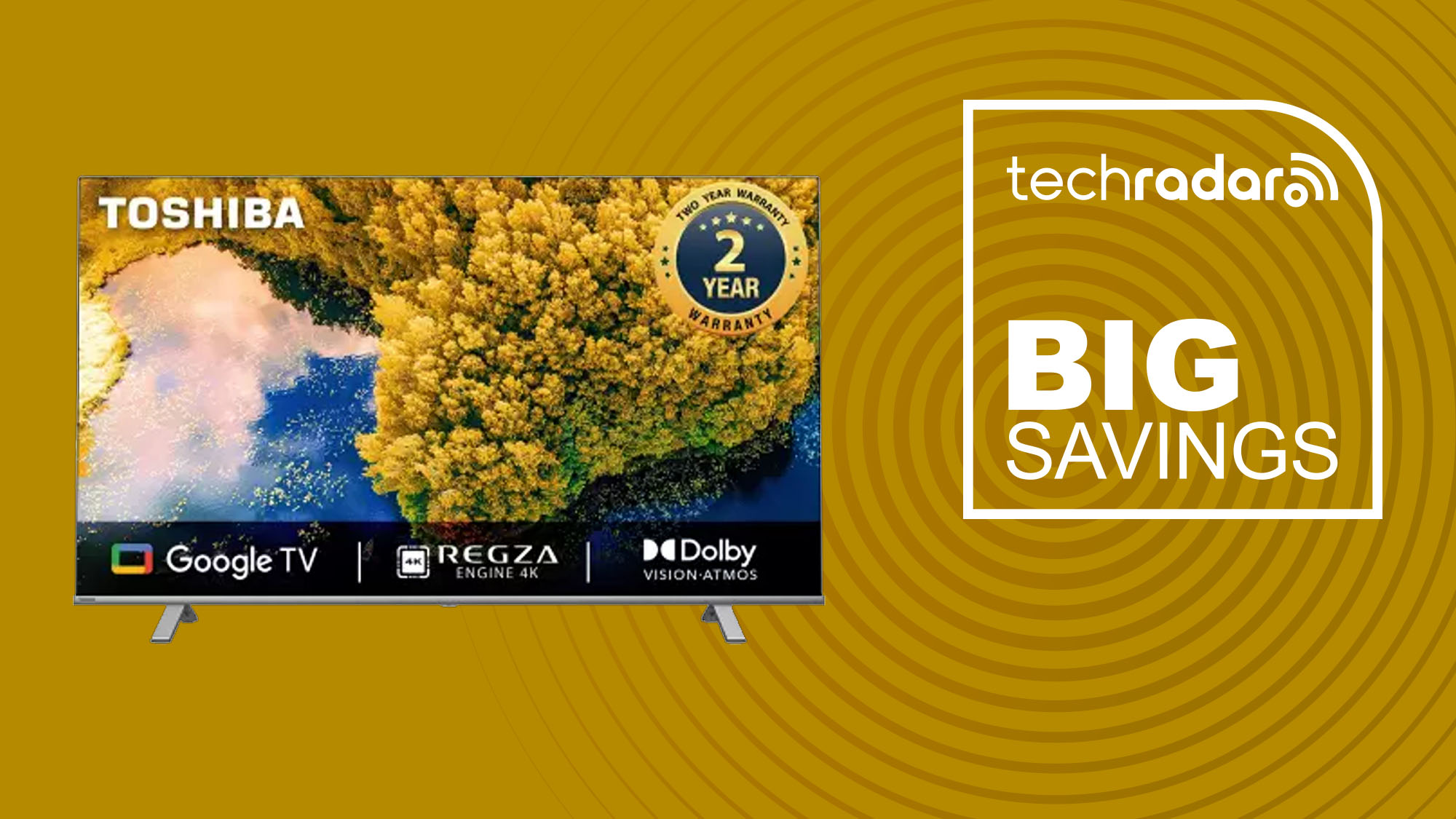 Toshiba 75-Inch Class C350 Series LED 4K UHD Smart Fire TV with landscape on screen on yellow background with TechRadar big savings sign