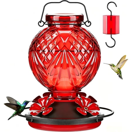 20 Ounces Outdoor Glass Hummingbird Feeder, Equipped With Anti-Bee Channel, Red | Attract More Hummingbirds, Durable Glass Material, Leak-Proof Design, Easy to Clean, Built-In Anti-Ant Sink