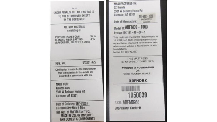 An image of two tags identifying the Amazon Basics Premium Foam Eurotop Mattress