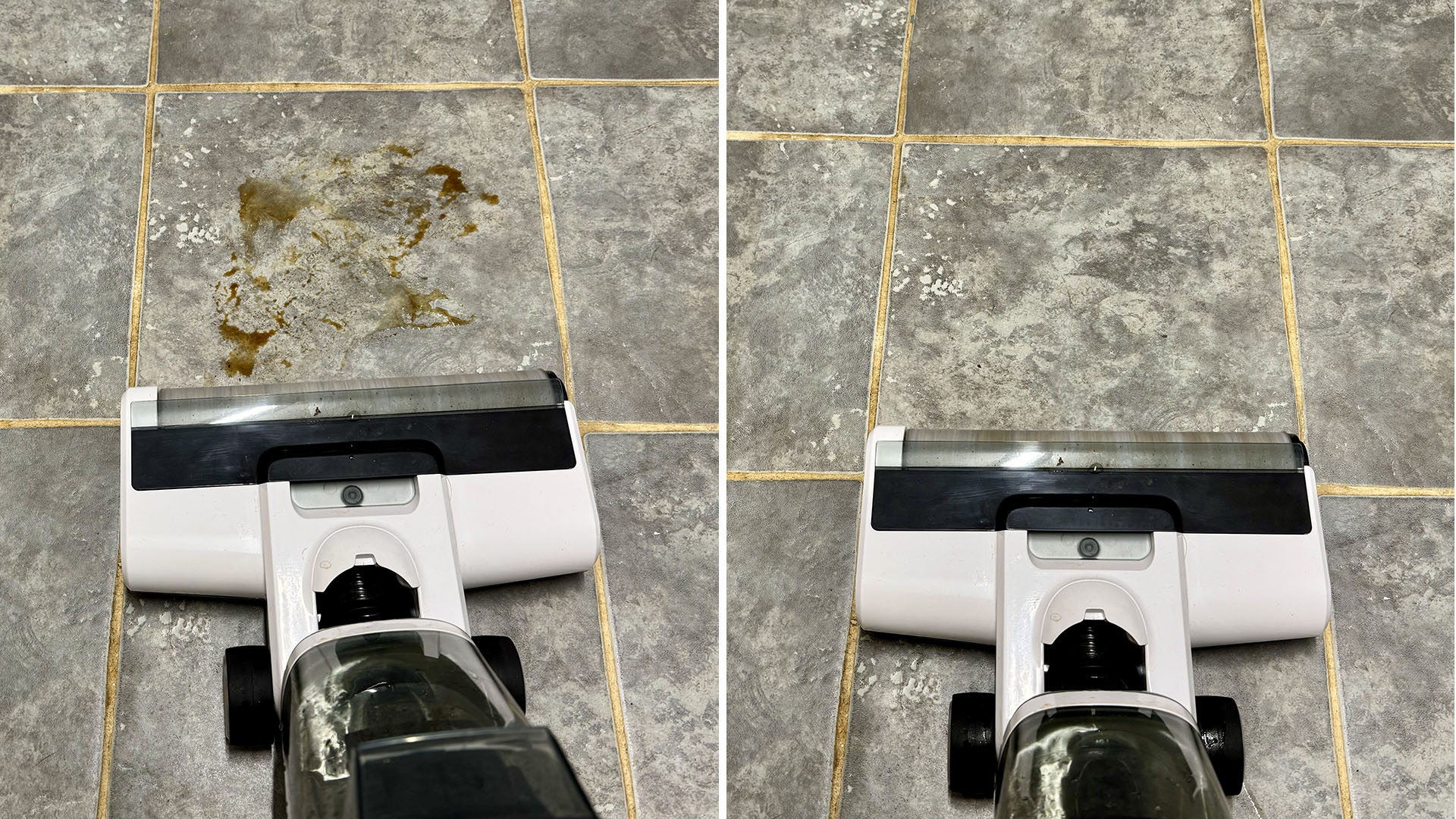 Before and after cleaning pictures of Gtech Orca hard floor cleaner tackling sticky spillages