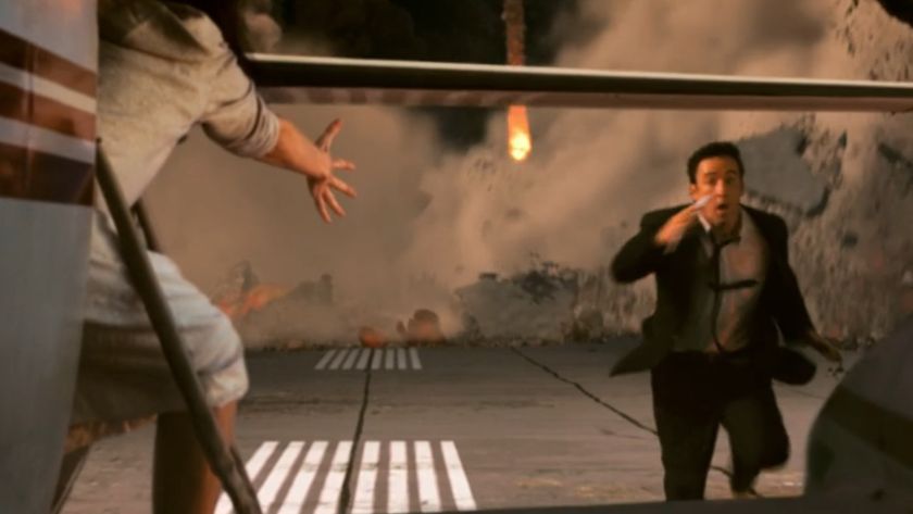 John Cusack running away from disaster in 2012