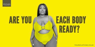 Woman in bikini against yellow background and text