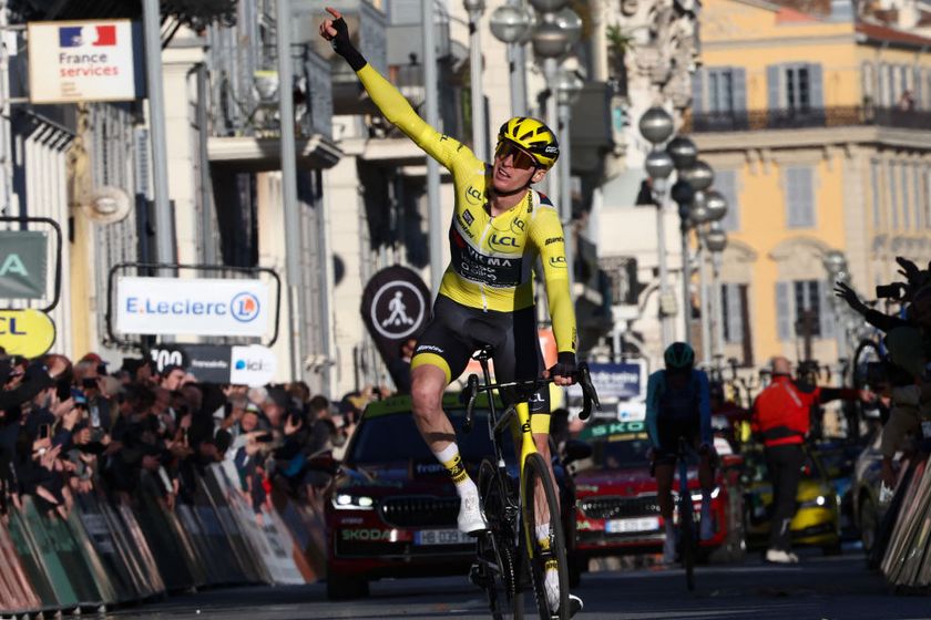 Team Visma-Lease a Bike&#039;s US rider Matteo Jorgenson wearing the overall leader&#039;s yellow jersey celebrates as he cycles across the finish line in second place, to win the Paris-Nice cycling race, after the 8th and final stage, 119,9 km between Nice and Nice, on March 16, 2025. (Photo by Anne-Christine POUJOULAT / AFP)