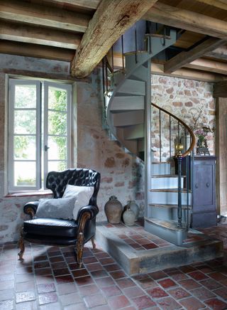 period style staircase in small cottage bedroom