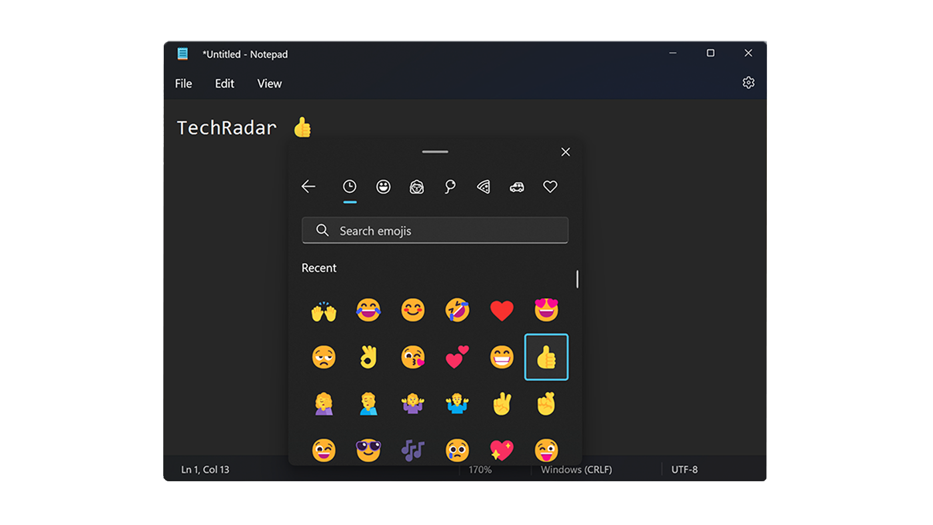Pemilih emoji Notepad di Windows 11