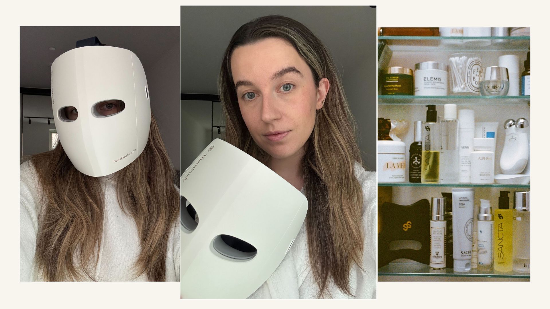 Deputy beauty editor Grace Lindsay testing the Therabody TheraFace Mask Glo and a picture of a bathroom cabinet filled with luxury skincare