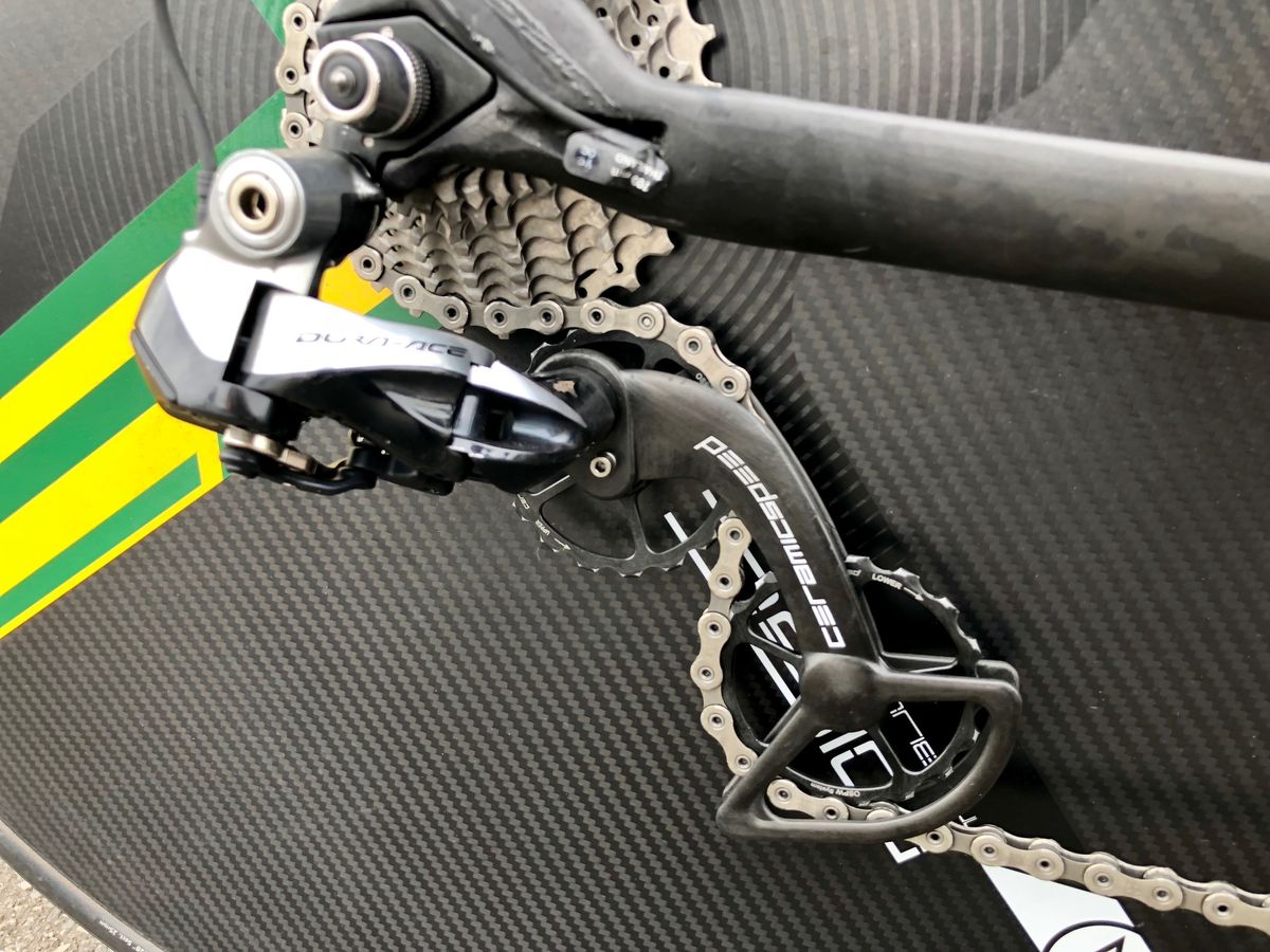 Aside from the smooth-spinning ceramic bearings, CeramicSpeed's massive pulleys reduce drag by opening the chain's angles