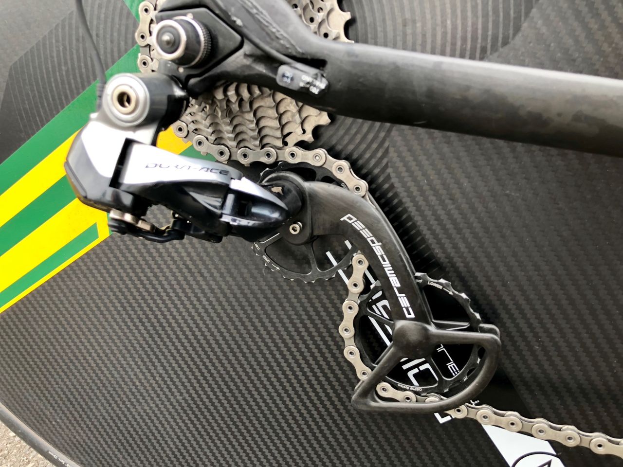 Aside from the smooth-spinning ceramic bearings, CeramicSpeed's massive pulleys reduce drag by opening the chain's angles