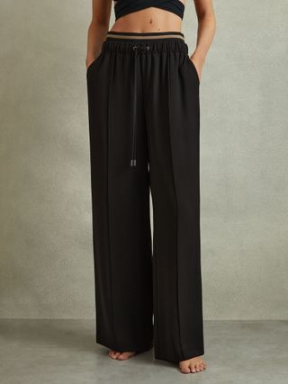 Waistband Detail Wide Leg Trousers in Black