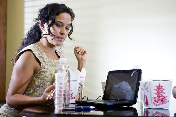 woman working, fast food, laptop