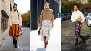 A composite of street style influencers showing autumn outfit ideas - a skirt and sweater