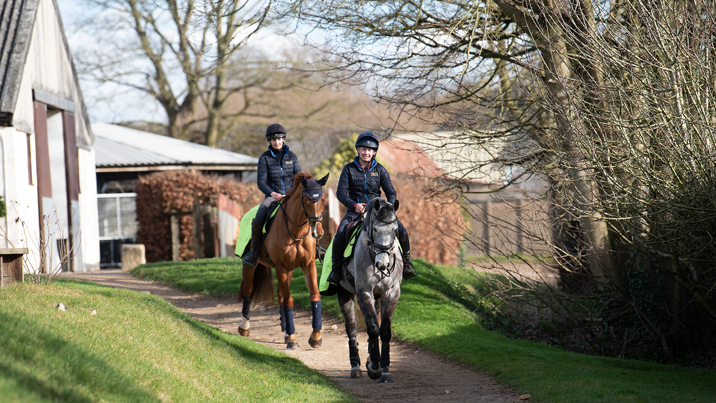 Two of Tom McEwen's team take horses out hacking.