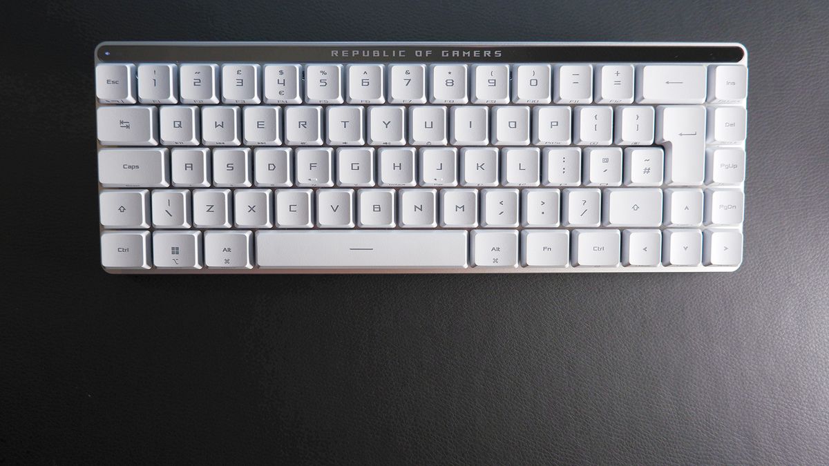 The ROG Falchion RX gaming keyboard in white set up on a desk. 